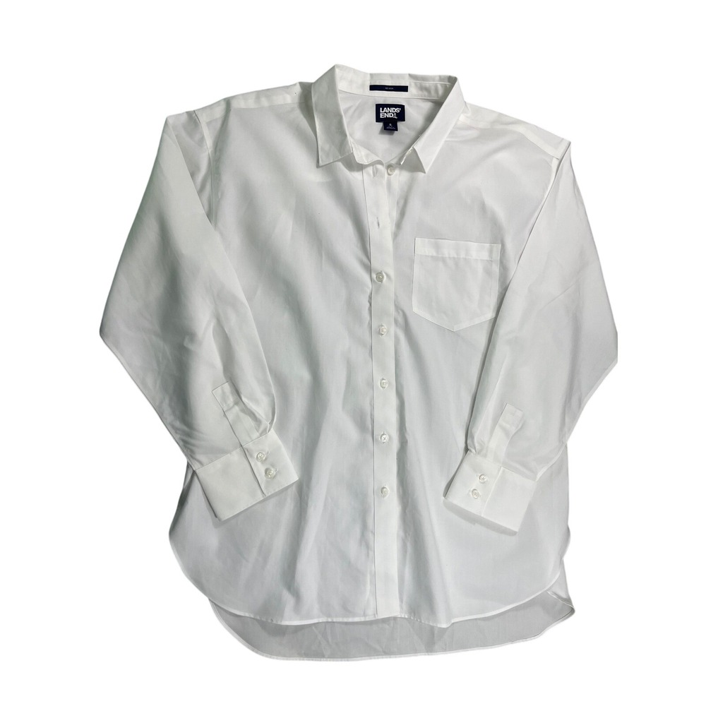 Lands‎ End No Iron White Button Front Blouse Womens Small Career Classic